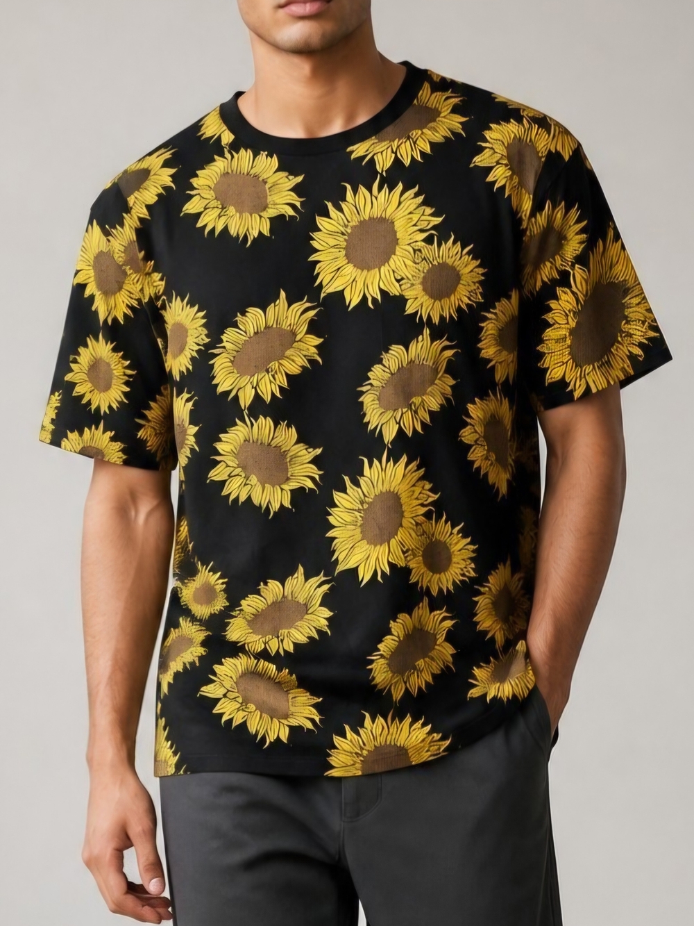 Black Sunflower Graphic Short Sleeve Tee - Yellow Floral Print Casual streetwear